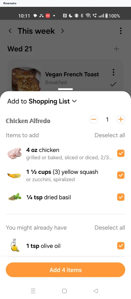 Samsung Food: Add to Shopping List sheet
