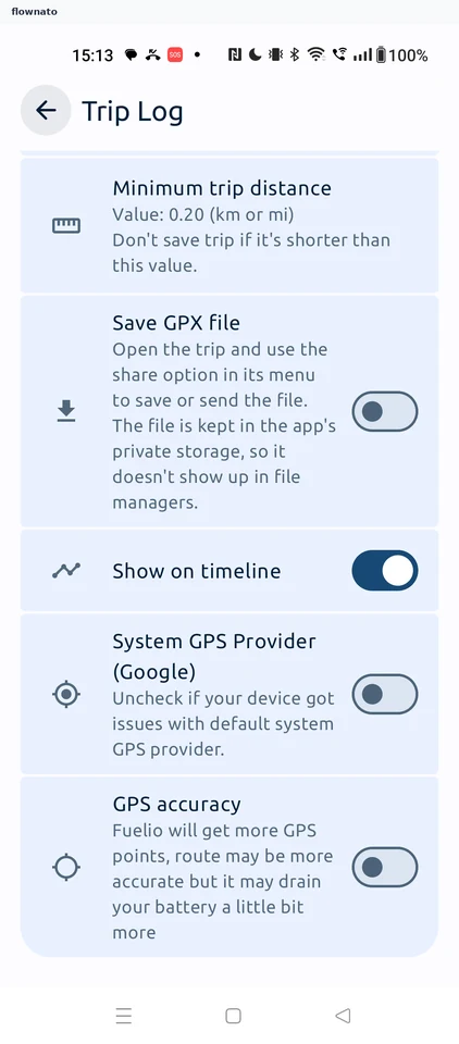 Fuelio: Trip Log settings