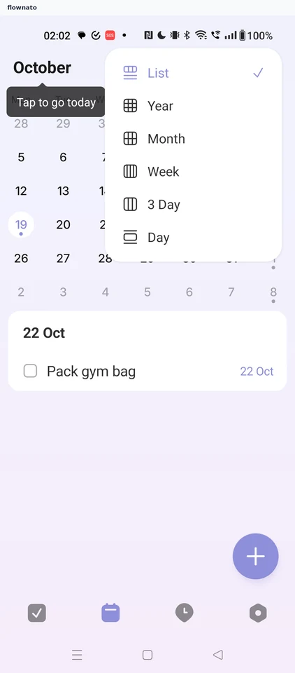 Calendar tab (list view)