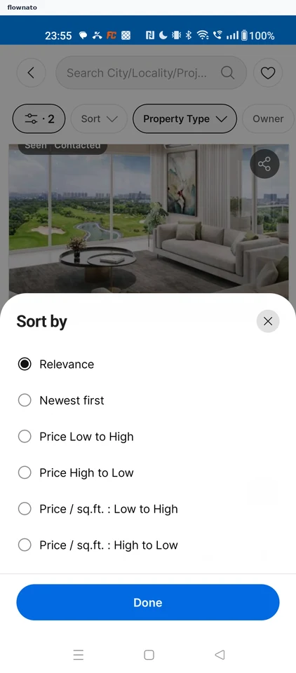 99acres: Sort options