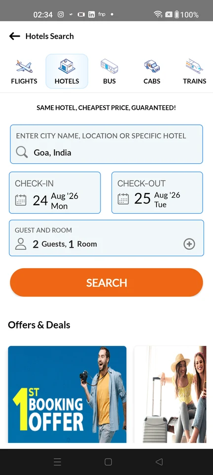 EaseMyTrip Hotel search form
