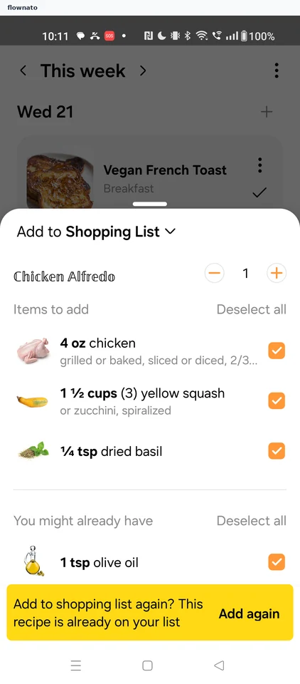 Samsung Food: Add to Shopping List sheet