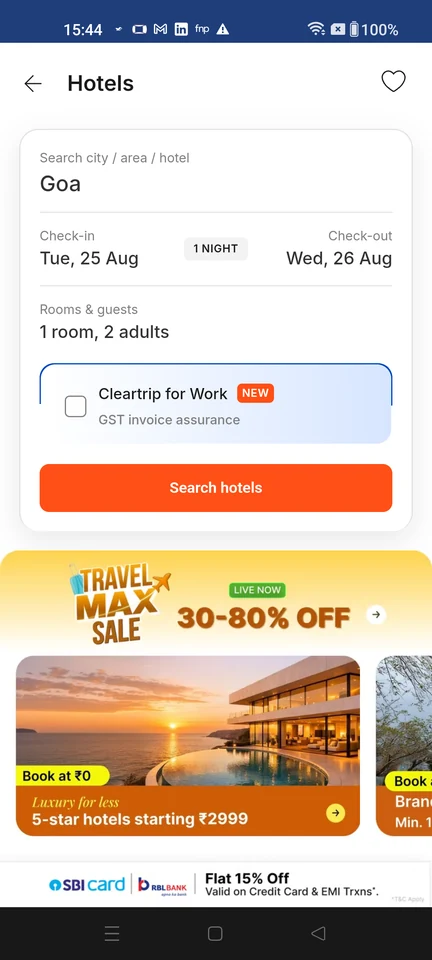 Cleartrip: Start a hotel search