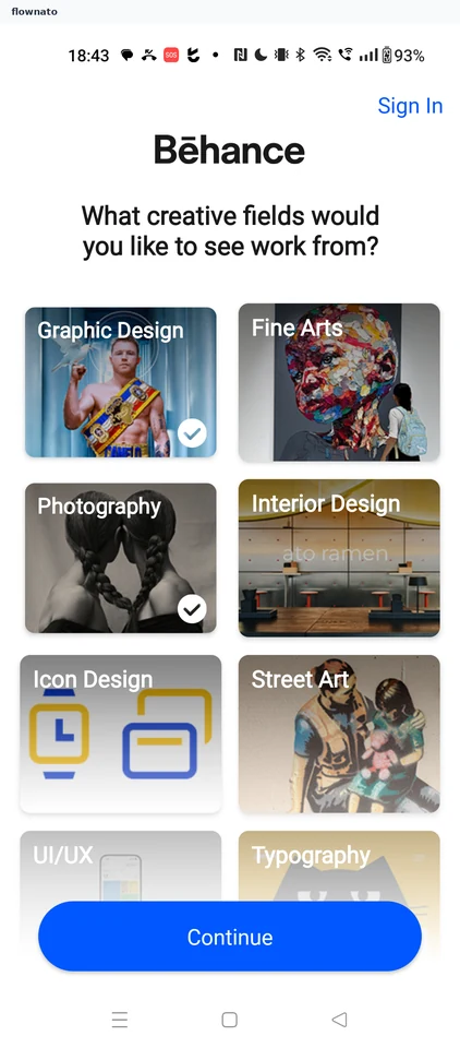 Behance: First-use creative field picker