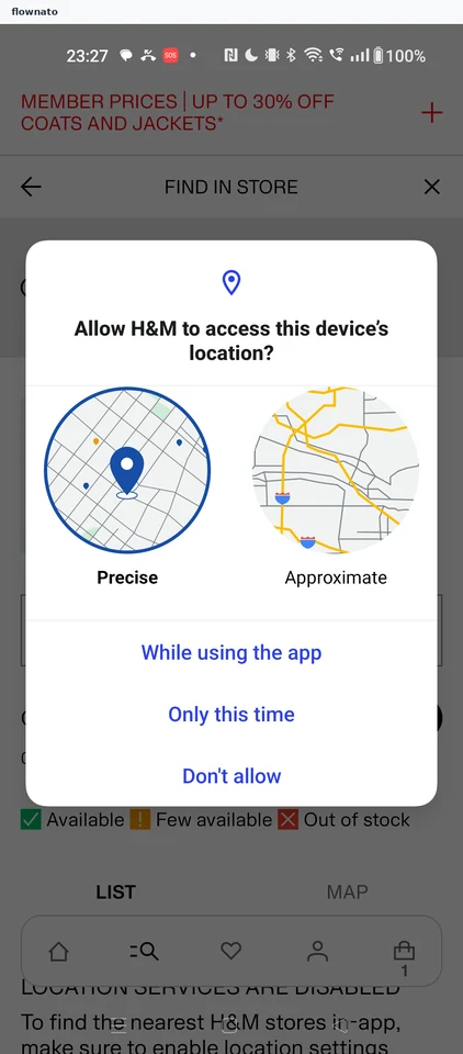 H&M: Location permission prompt for Find in store