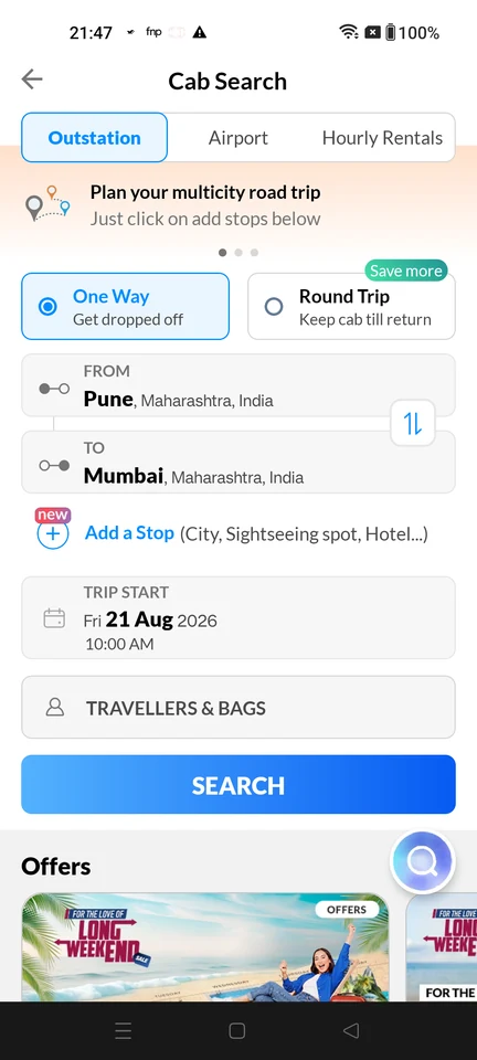 MakeMyTrip: Route and date set