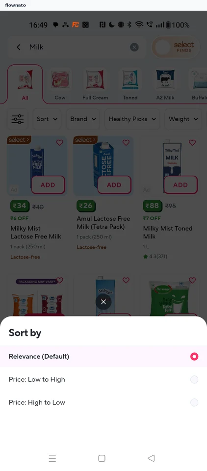Zepto Sort options