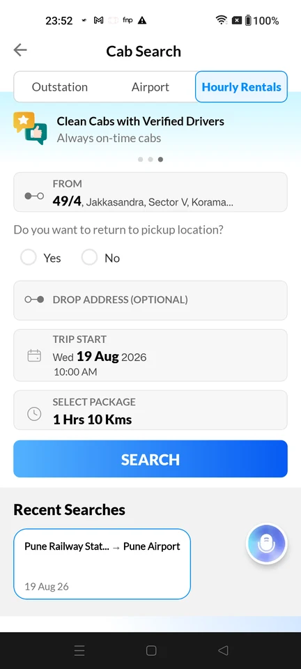 MakeMyTrip: Hourly rental search form