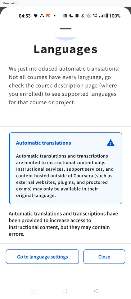 Coursera: Close the Languages notice