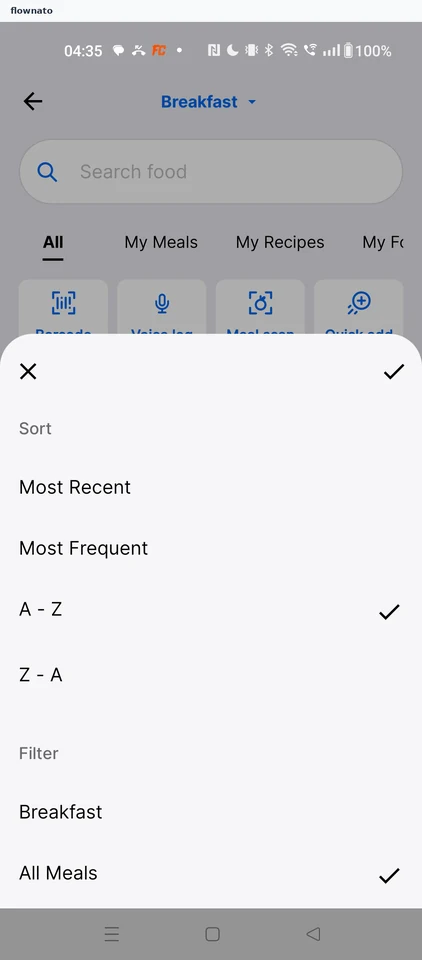 MyFitnessPal: Confirm the sort