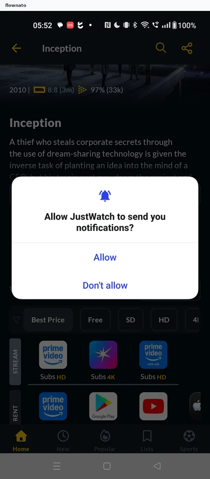 JustWatch: Notification permission prompt