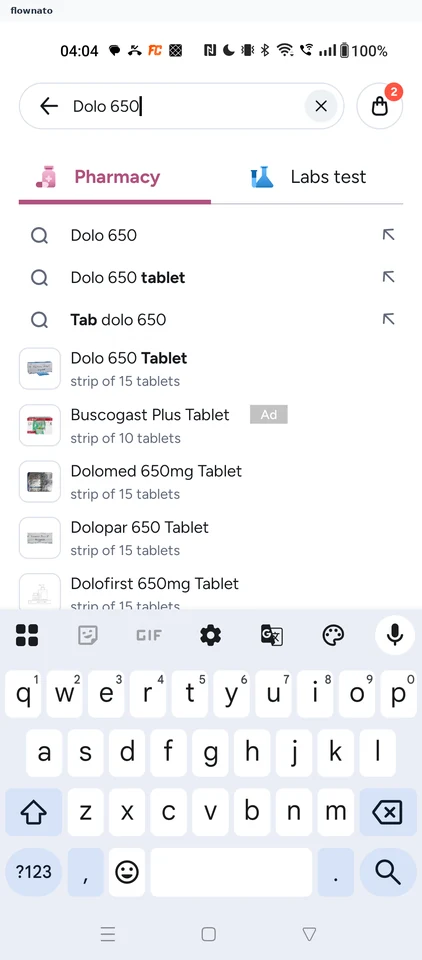 Tata 1mg: Search for Dolo 650