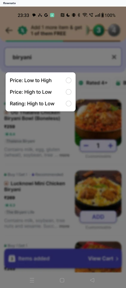 EatSure: Sort options