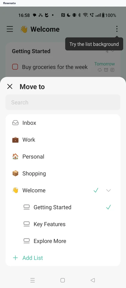 TickTick: Move to list picker