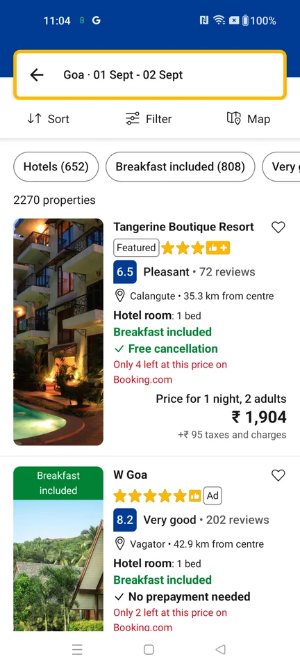 Booking.com Compare available stays screen