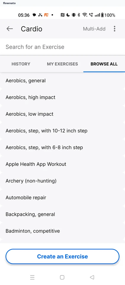 MyFitnessPal: Full cardio catalogue