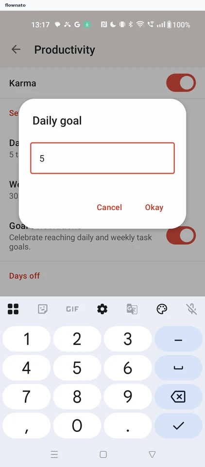 Todoist: Daily goal dialog