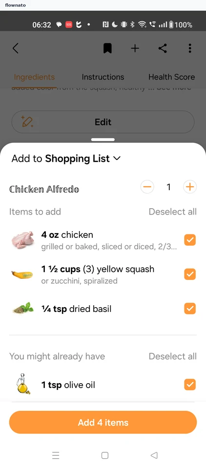 Samsung Food: Add to Shopping List sheet