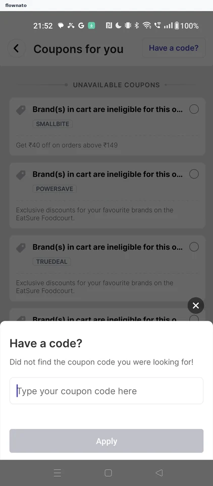 EatSure: Code entry sheet