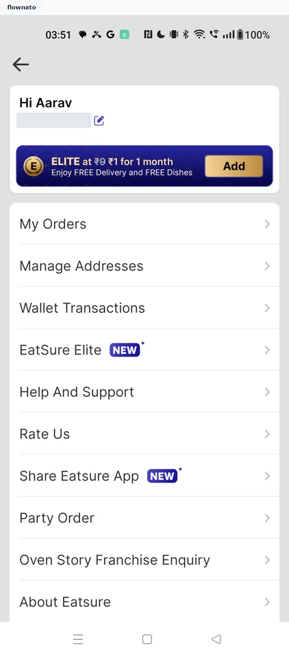 EatSure: Account menu
