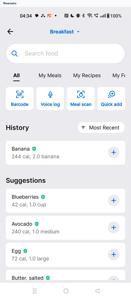 MyFitnessPal: History sort chip