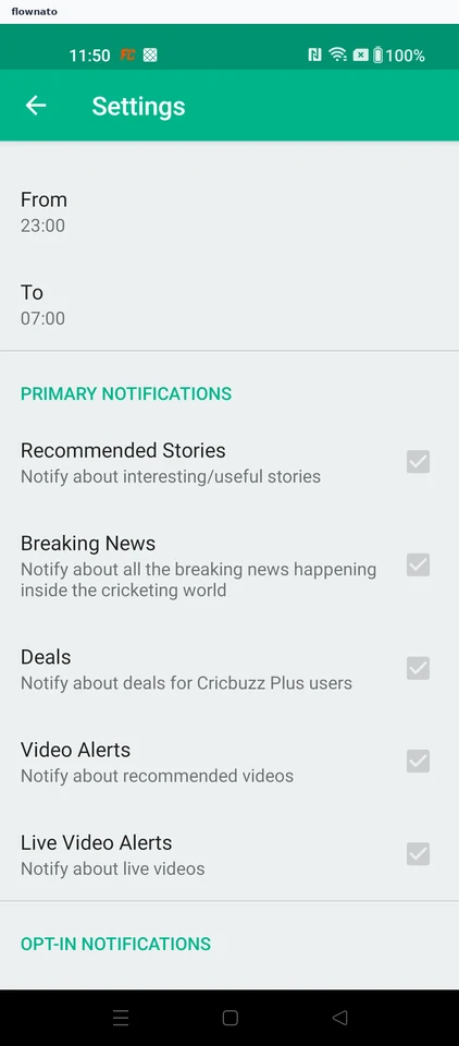 Cricbuzz: Notification settings