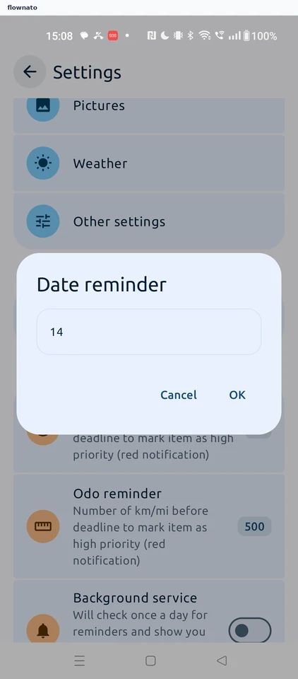 Fuelio: Date reminder value dialog