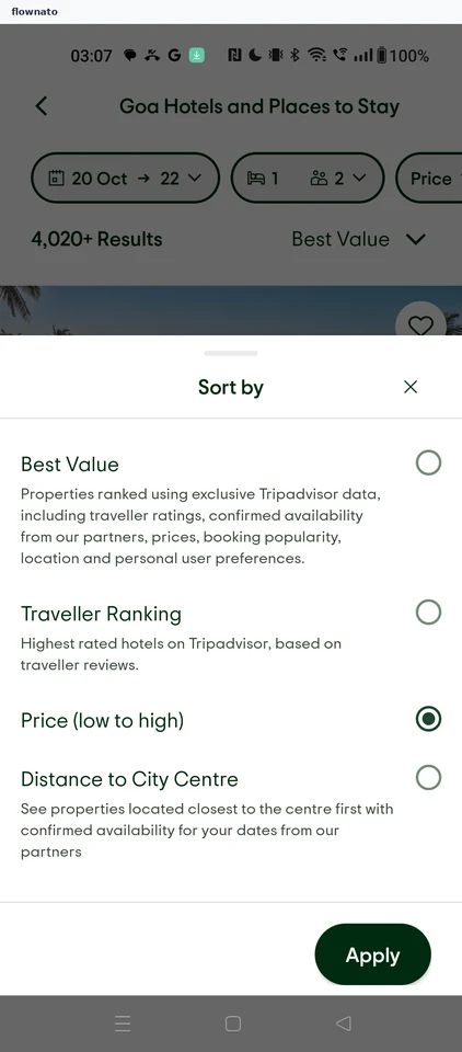 Tripadvisor: Apply the sort