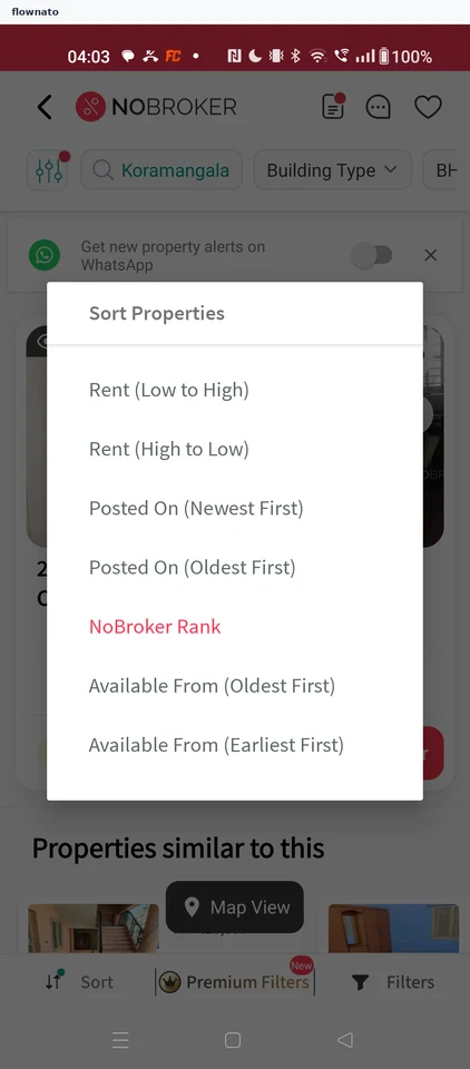 NoBroker: Choose Rent (Low to High)