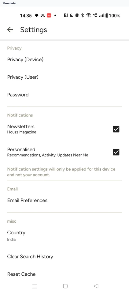 Houzz: Settings