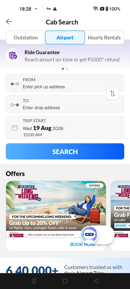 MakeMyTrip: Airport cab search form