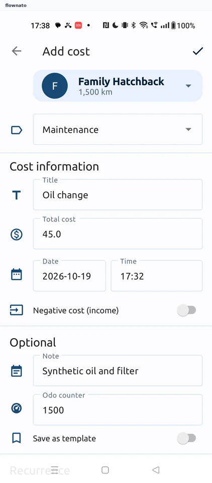 Fuelio: Add cost form