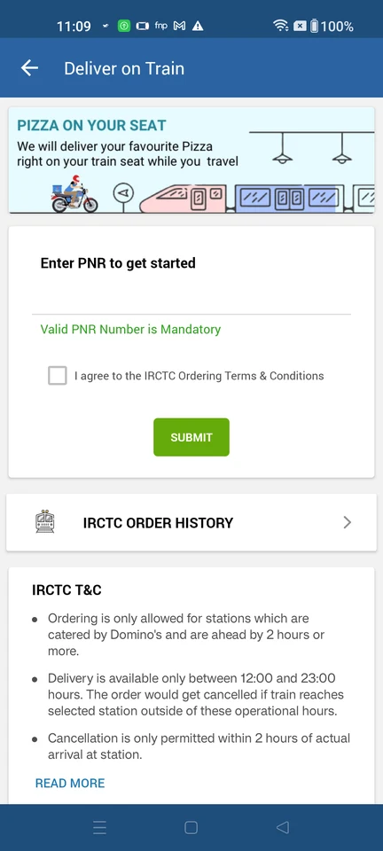 Domino’s: Enter PNR to get started