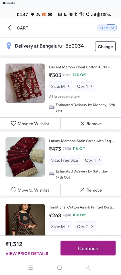 Meesho Cart with three items screen