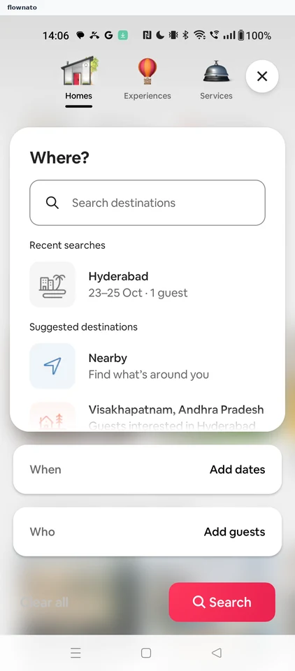 Airbnb: Search opens on Homes