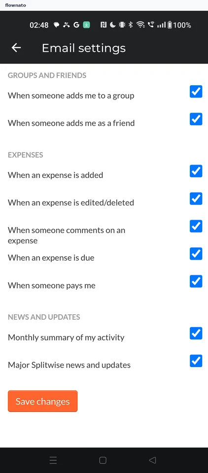 Splitwise: Email settings