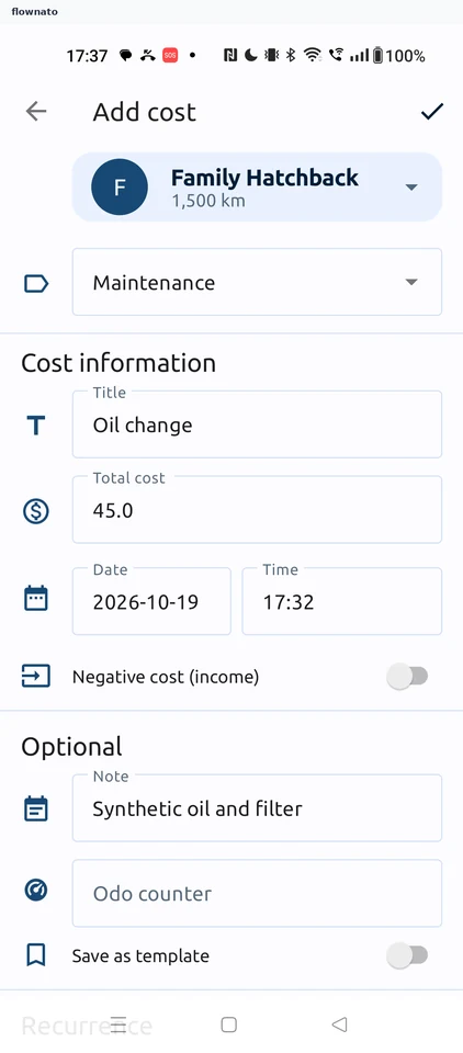 Fuelio: Add cost form