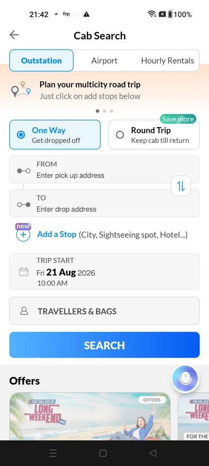 MakeMyTrip: Outstation trip form
