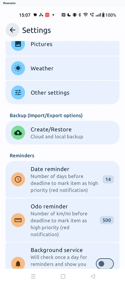 Fuelio: Settings