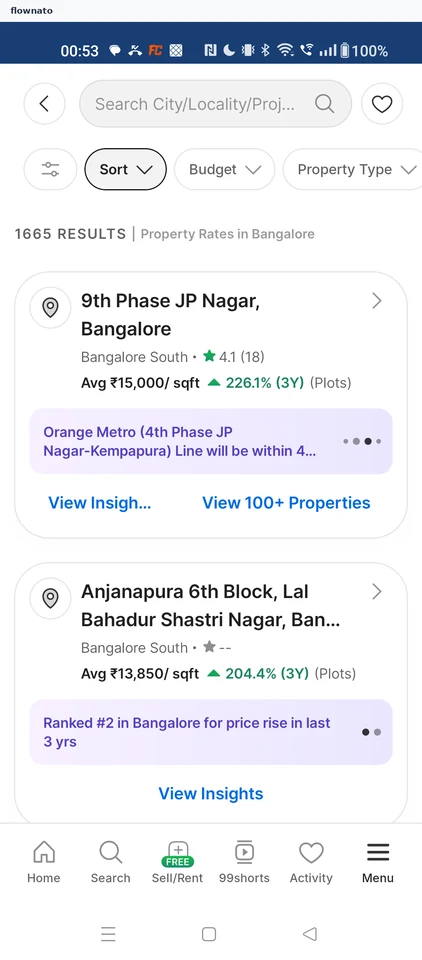 99acres: Bangalore locality rates