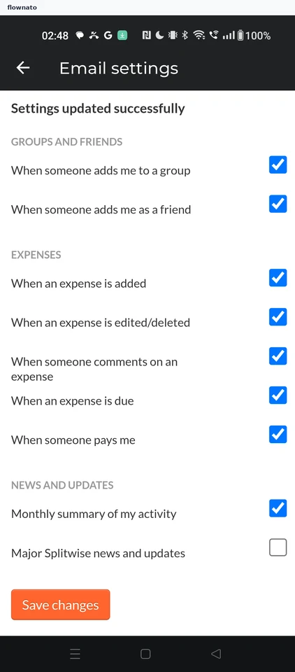 Splitwise: Settings saved