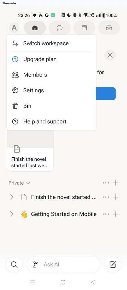 Notion: Workspace menu