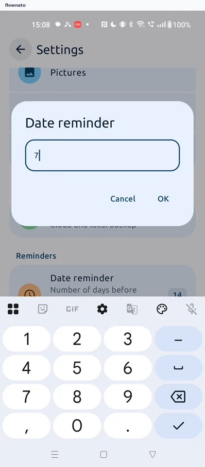 Fuelio: Date reminder value dialog