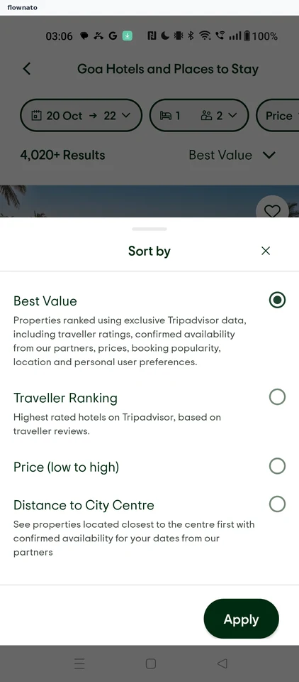 Tripadvisor: Open sort options