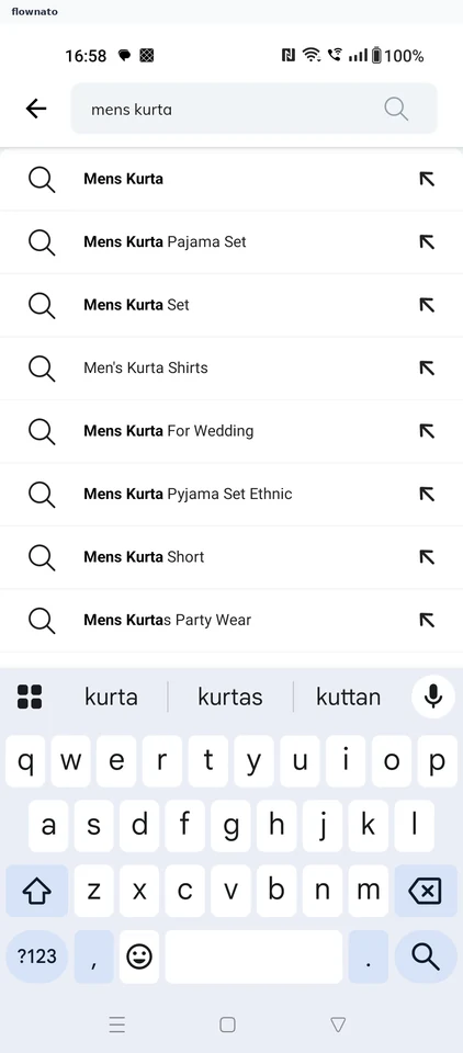 AJIO Search for a kurta screen
