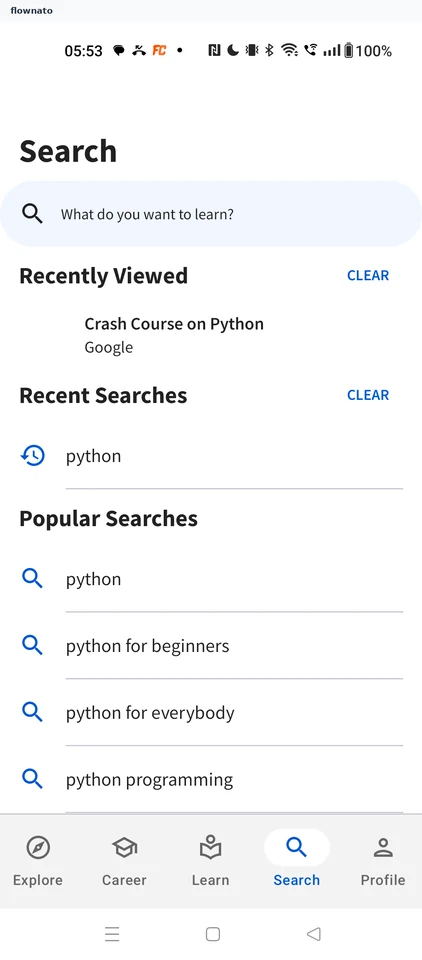 Coursera: Search tab with history
