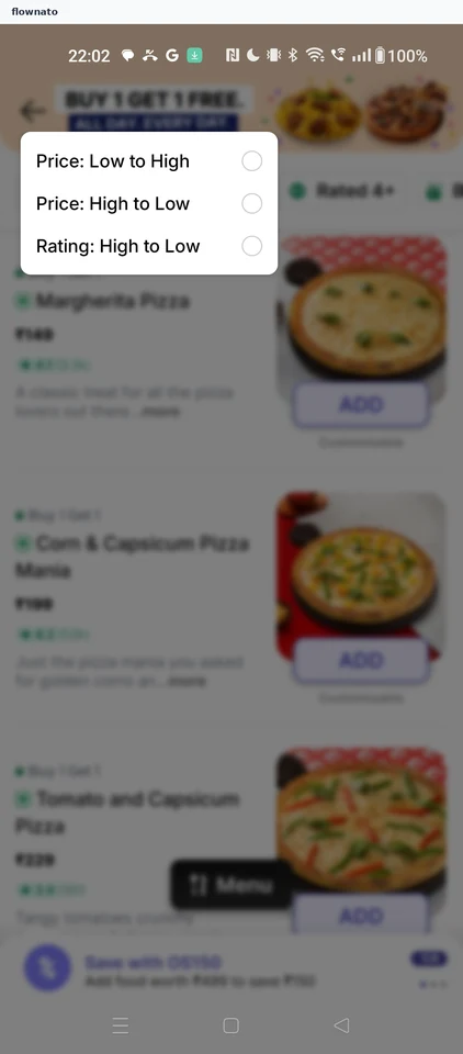EatSure: Sort options