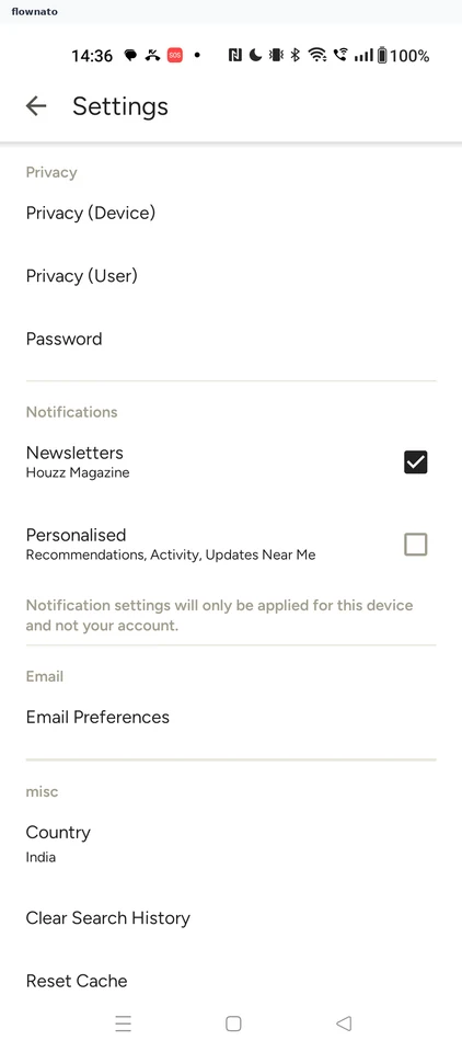 Houzz: Settings