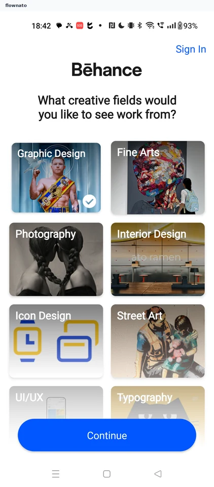 Behance: First-use creative field picker