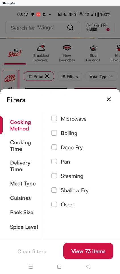 Sizzl store menu